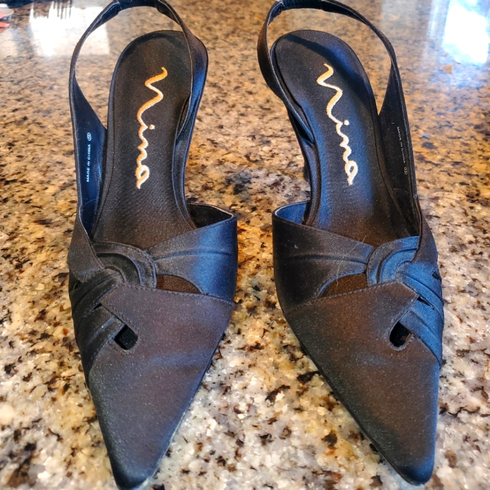 Nina Black Satin Pointed Toe Heels